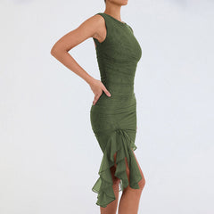 Ruched Crew Neck Sleeveless Bodycon Ruffle Cocktail Midi Dress - Army Green