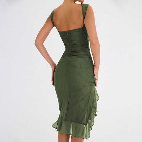 Ruched Crew Neck Sleeveless Bodycon Ruffle Cocktail Midi Dress - Army Green