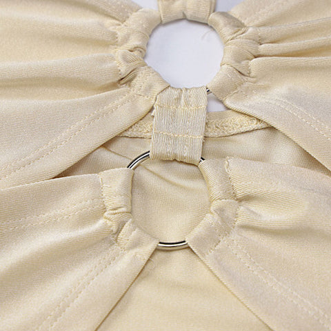 O-Ring Cut Out Gerafftes Neckholder Party Midikleid - Beige