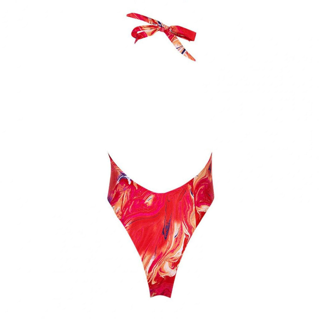 Printed High Leg Low Back Cutout One Piece Swimsuit - Red