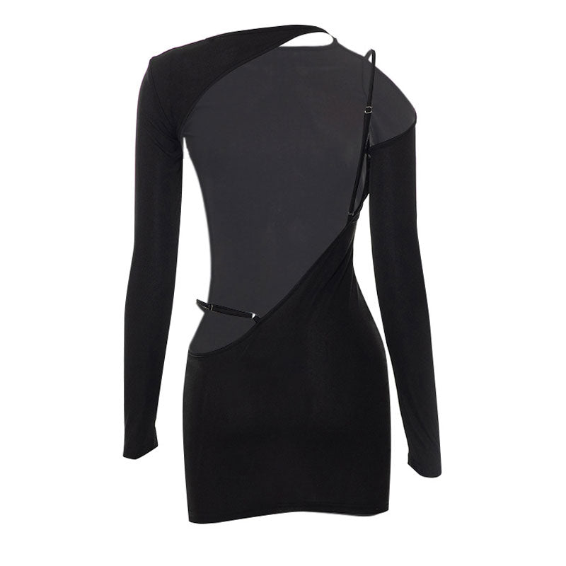 Ribbed Cut Out Long Sleeve Bodycon Party Mini Dress - Black