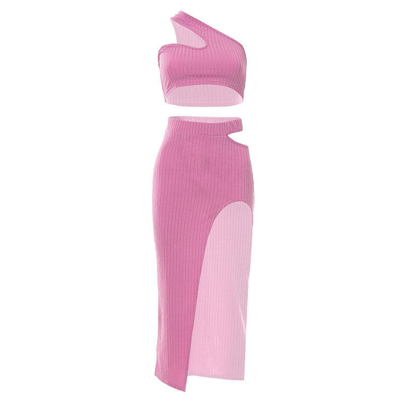 Ribbed One Shoulder Top High Waist Split Midi Skirt Matching Set - Pink