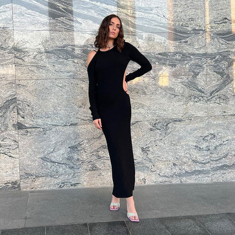 Geripptes, einfarbiges, langärmliges Maxikleid mit Cut-outs - Schwarz