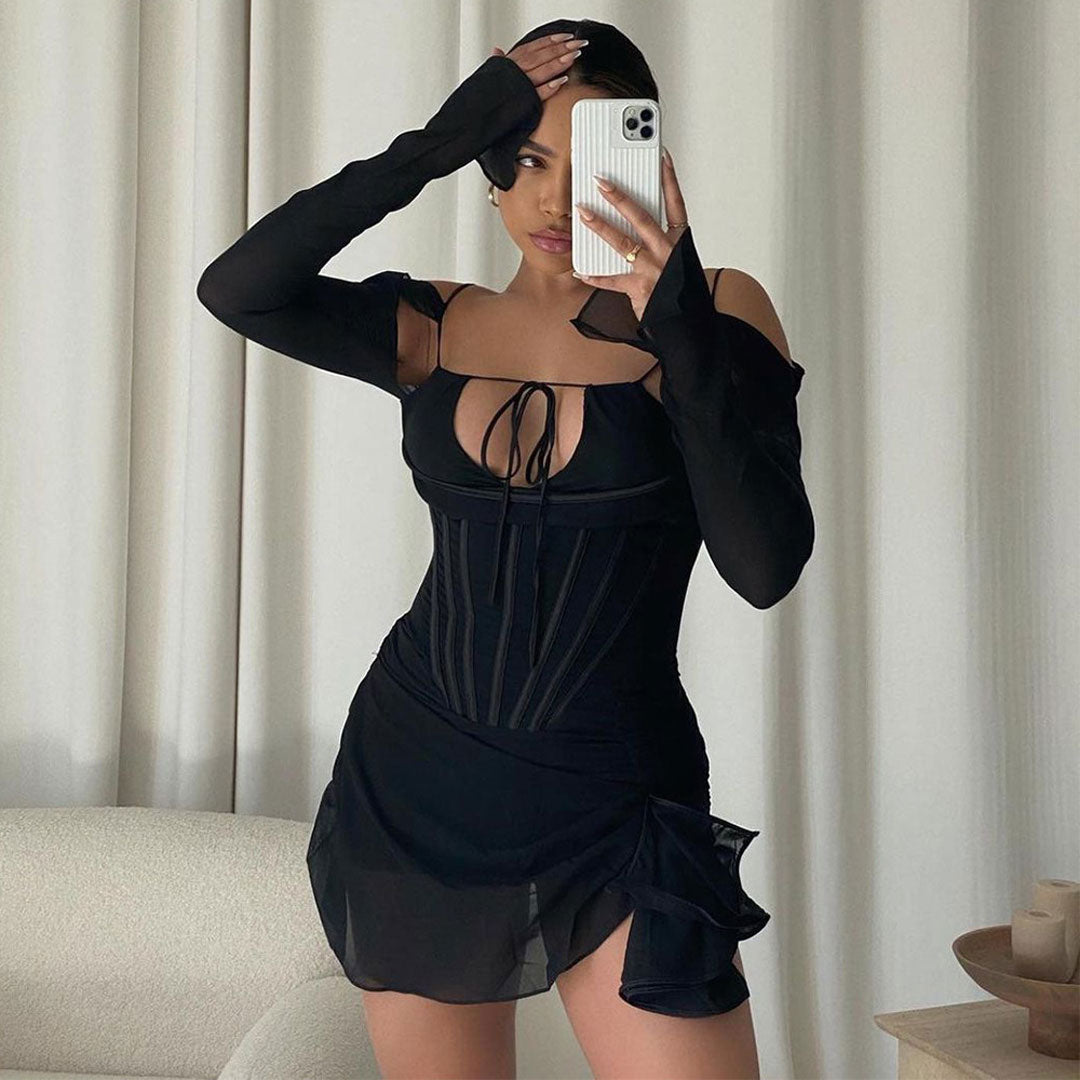 Panel Mesh Ruched Long Sleeve Cut Out Party Mini Dress - Black