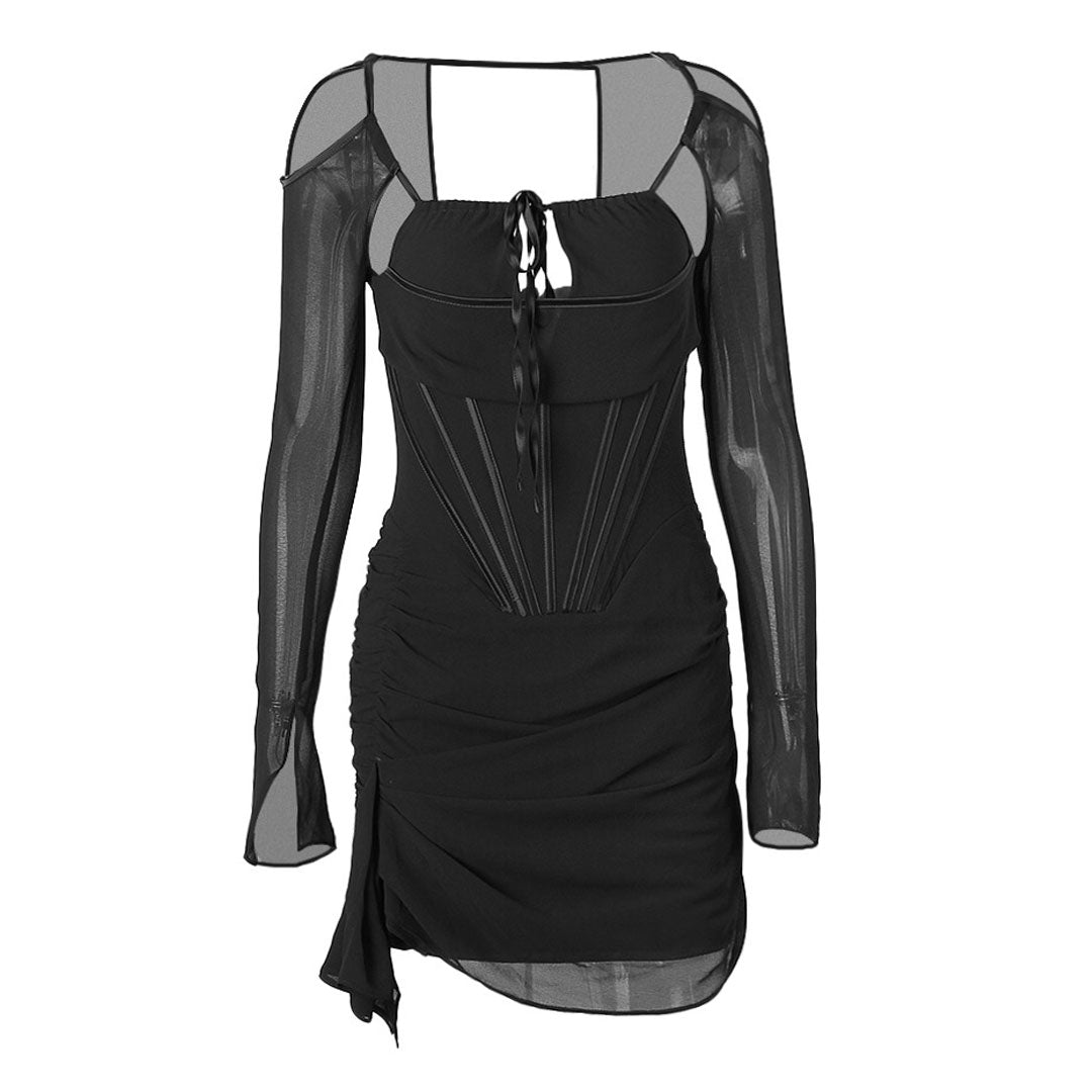 Panel Mesh Ruched Long Sleeve Cut Out Party Mini Dress - Black