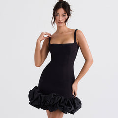 Ruffle Hem Square Neck Sleeveless Bodycon Party Mini Dress - Black