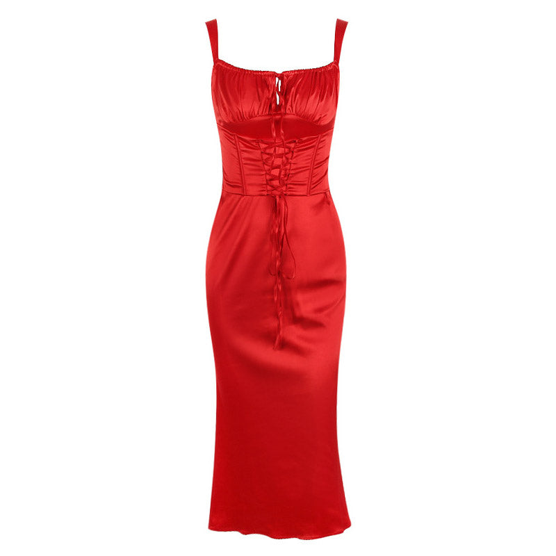 Satin Fishtail Ruched Lace Up Corset Party Midi Dress - Red