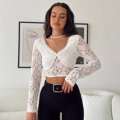 Scalloped V Neck Long Sleeve Cropped Sheer Floral Lace Top - White