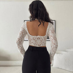 Scalloped V Neck Long Sleeve Cropped Sheer Floral Lace Top - White
