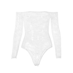 Sheer Lace Flower Long Sleeve Off Shoulder Bodysuit - White