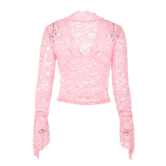 Sheer Scalloped V Neck Flared Sleeve Lace Crop Top - Pink