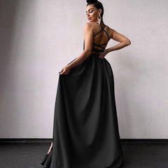 Solid Color High Split Lace Up Back Sleeveless Prom Maxi Dress - Black