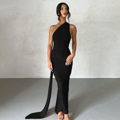 Solid Color One Shoulder Ruched Evening Maxi Dress - Black