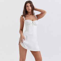 Solid Color Ruched Tie Front Sleeveless Corset Mini Dress - White