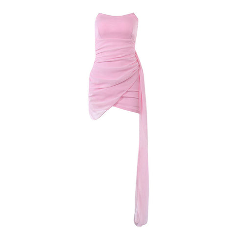 Vestido mini de fiesta ajustado, sin tirantes, con ribete fruncido y color liso - Rosa