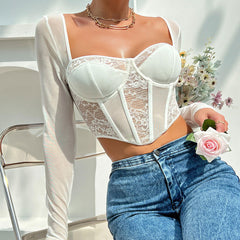 Sweetheart Long Sleeve Floral Lace Sheer Mesh Corset - White