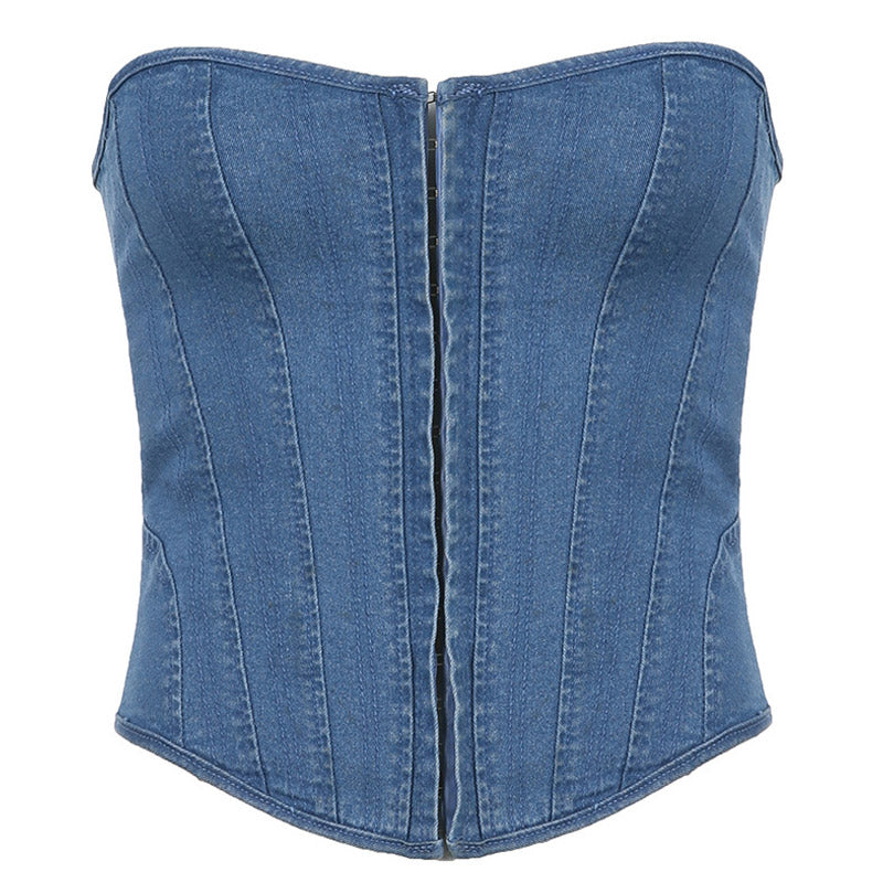 Sweetheart Neck Hook and Eye Lace Up Back Denim Tube Top - Blue