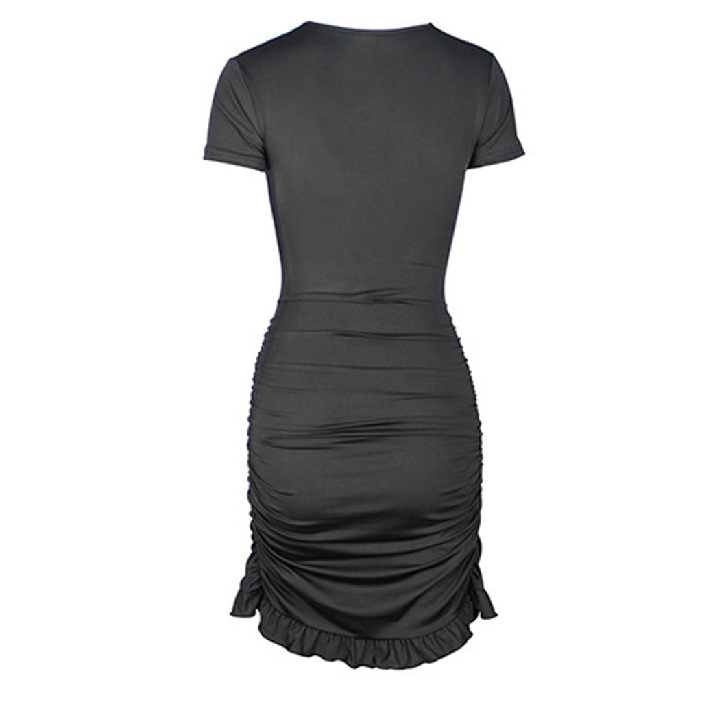 Vestido mini de fiesta ajustado con escote en V y tirantes finos fruncidos - Negro