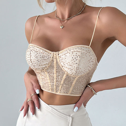 Schimmerndes Sweetheart Camisole-Crop-Korsett-Top mit transparenter Paillettenspitze - Aprikose