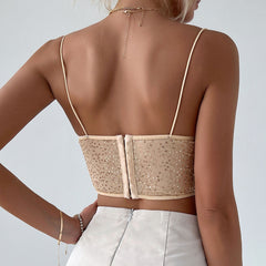 Shimmer Sweetheart Cami Sheer Sequin Lace Crop Corset Top - Apricot