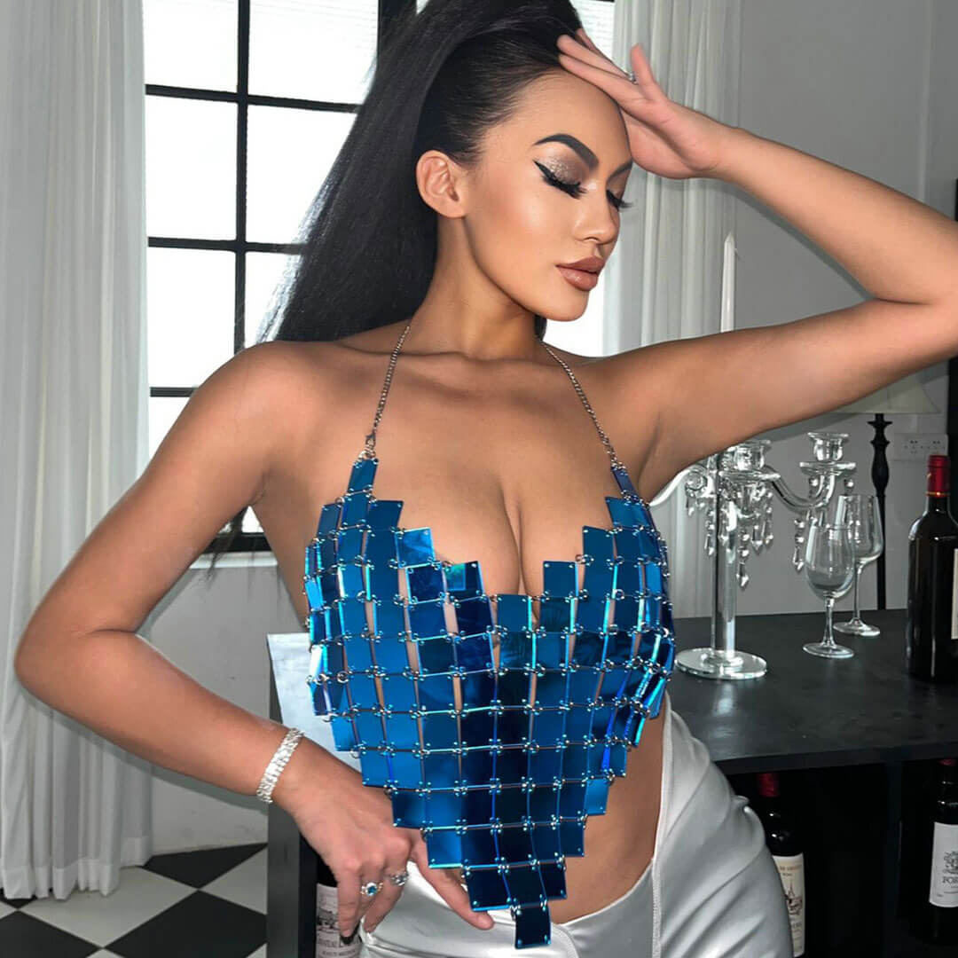 Shimmering Sequin Curved Hem Halter Crop Top - Royal Blue