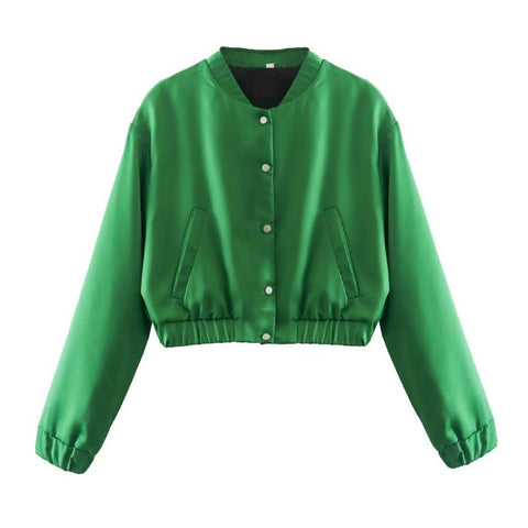 Chaqueta bomber de manga larga con cuello alto y brillo - Verde esmeralda