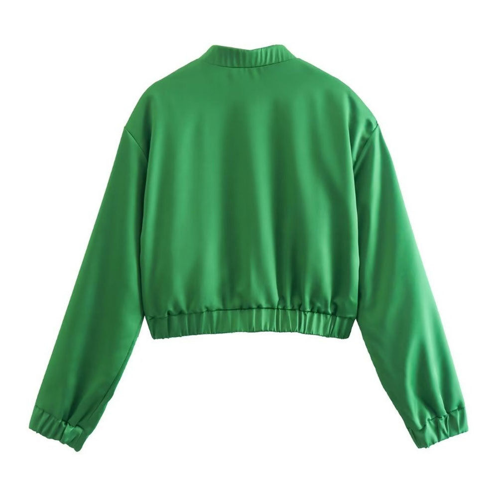 Shimmery Mock Neck Long Sleeve Bomber Jacket - Emerald Green