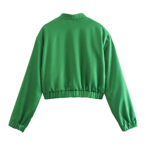 Chaqueta bomber de manga larga con cuello alto y brillo - Verde esmeralda