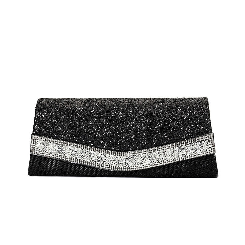 Schimmernde, mit Strass verzierte, strukturierte Clutch mit Klappe - Schwarz