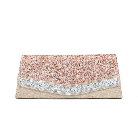 Shimmery Rhinestone Embellished Textured Flap Clutch Evening Bag - Pink