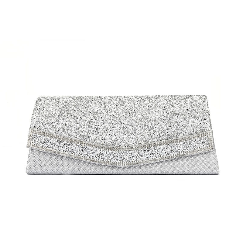 Shimmery Rhinestone Embellished Textured Flap Clutch Evening Bag - Silver