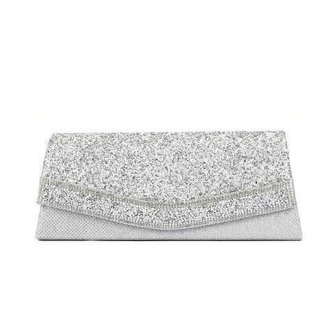 Schimmernde, mit Strasssteinen verzierte, strukturierte Clutch mit Klappe - Silber