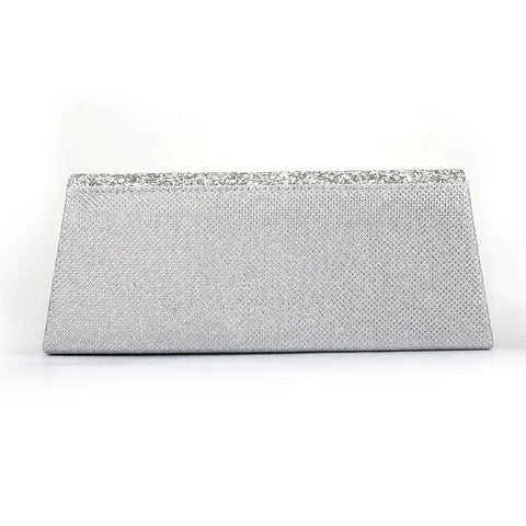 Schimmernde, mit Strasssteinen verzierte, strukturierte Clutch mit Klappe - Silber