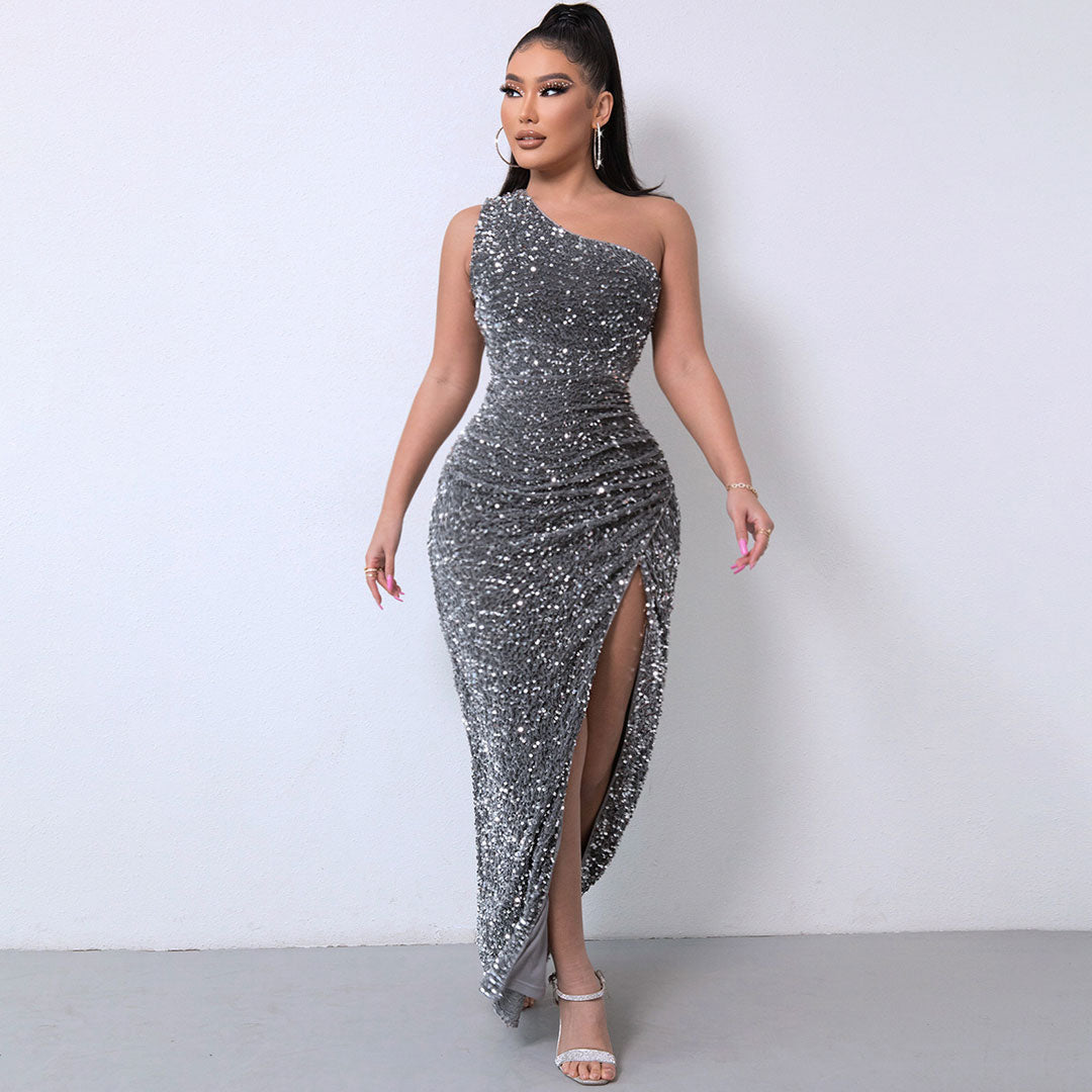 Shimmery Sequin High Split One Shoulder Gown Maxi Dress - Dark Gray