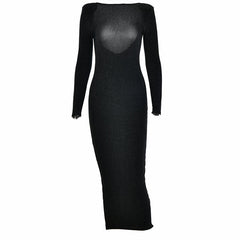 Shimmery Shoulder Pad Long Sleeve Open Back Cocktail Midi Dress - Black