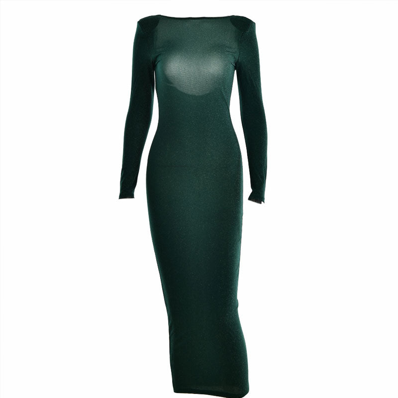 Vestido de cóctel midi de manga larga con hombreras brillantes y espalda descubierta - Verde esmeralda