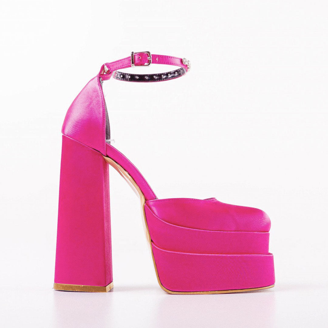 Shiny Crystal Satin Square Toe Chunky Platform Pumps - Rose