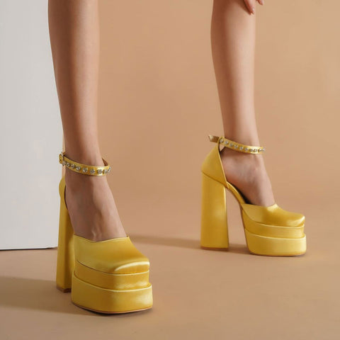 Shiny Crystal Satin Square Toe Chunky Platform Pumps - Yellow