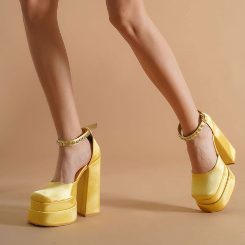 Shiny Crystal Satin Square Toe Chunky Platform Pumps - Yellow