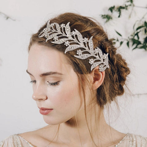 Diadema con brillantes hojas y flores adornadas con cristales y diamantes de imitación - Plateada