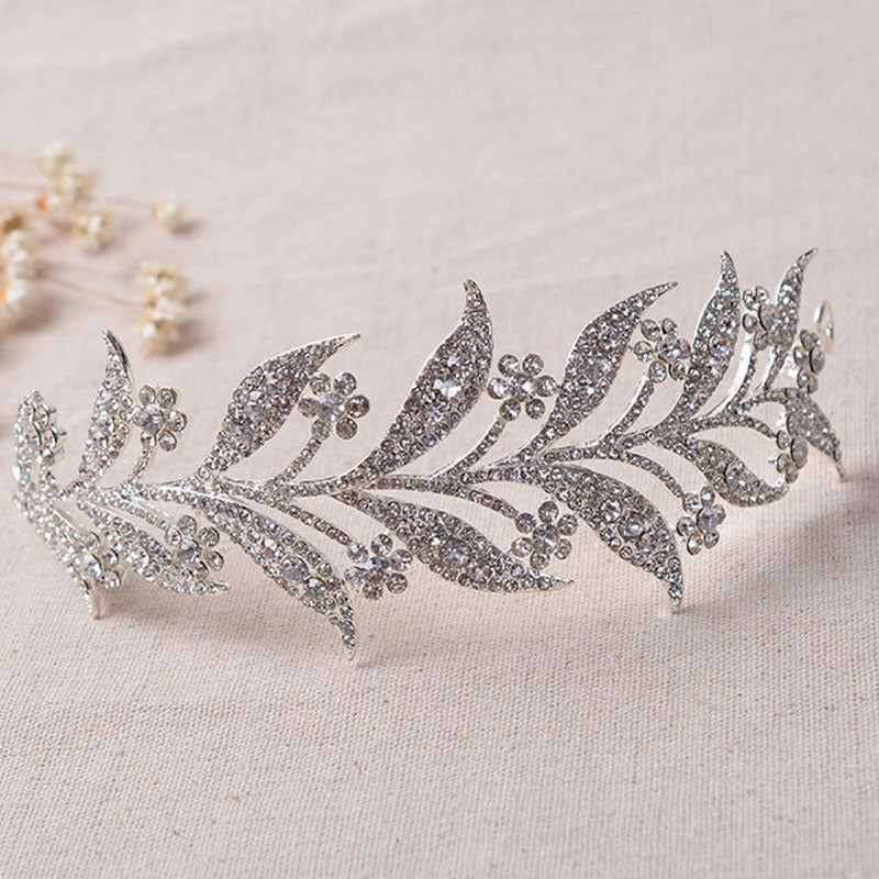 Shiny Flower Leaf Trim Crystal Rhinestone Embellished Headband - Silver