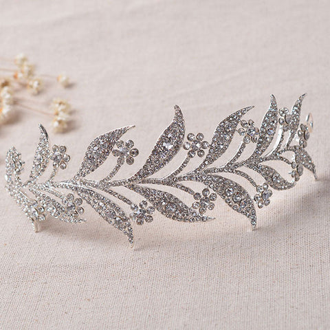 Shiny Flower Leaf Trim Crystal Rhinestone Embellished Headband - Silver