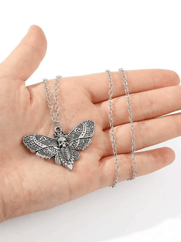 Silver Moth Skull Pendant Necklace