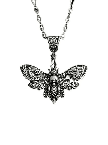 Silver Moth Skull Pendant Necklace