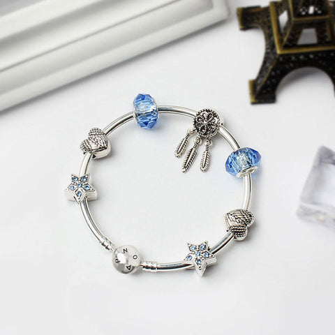 Boho Style Silver Rhinestone Charm Bangle Bracelet - Silver