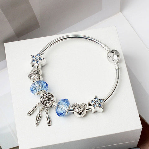 Boho Style Silver Rhinestone Charm Bangle Bracelet - Silver