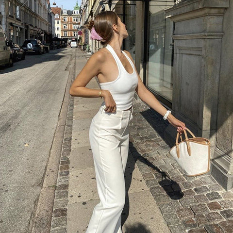 Simple Style Neckholder Einfarbig Rippen Crop Tank Top - Weiß