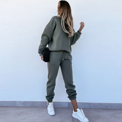 Simple Style Round Neck Long Sleeve Sweatsuit Matching Set - Army Green
