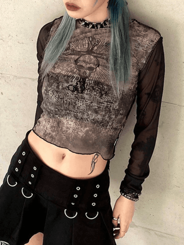 Langärmliges Crop-Top aus Netzstoff mit Totenkopf-Print