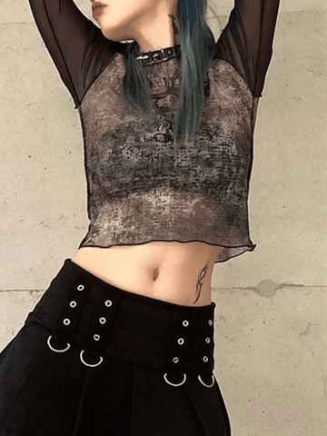 Langärmliges Crop-Top aus Netzstoff mit Totenkopf-Print